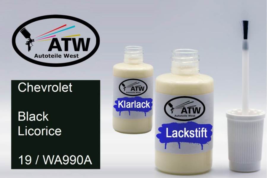Chevrolet, Black Licorice, 19 / WA990A: 20ml Lackstift + 20ml Klarlack - Set, von ATW Autoteile West.